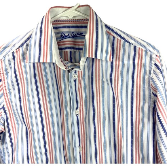 Robert Graham Blue Purple Striped Button Up Shirt Embroidered Cuffs Sz 39/15.5 - Picture 3 of 12
